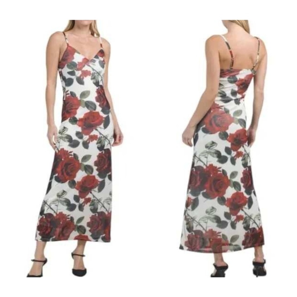 Madden Girl Coquette Floral Mesh Maxi Dress‎ Size M White Red Rose Romantic NWT
